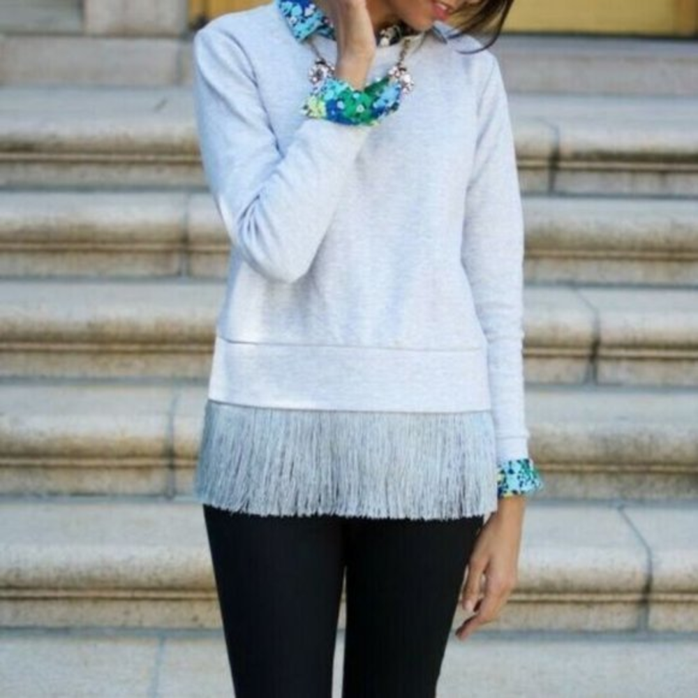 J Crew Size XS Gray Silver Fringe Hemâ Crewneck Zip Back Sweatshirt Style E4354